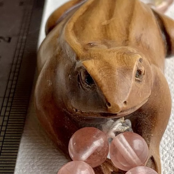 Antique Vintage Japanese Carved Wood Netsuke Frog Beaded Bracelet Finger Ring - Picture 2 of 14